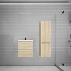 AICA Ensemble meuble vasque L.50cm ch&ecirc;ne 2 tiroirs + lavabo + colonne design