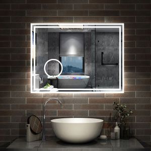 Simple Bluetooth LED miroir de salle de bain tricolore tactile avec anti-buée et horloge et miroir grossissant 3x, suspendu horizontalement 120x70cm
