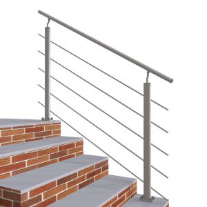 Garde-corps - Int&eacute;rieur et ext&eacute;rieur - Aluminium argent&eacute; - Avec 5 traverses et 1 main courante - 150cm - Rampe d'escalier pose &agrave; plat