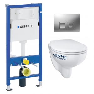 Pack Bati-support Geberit UP100 + Plaque Delta50 chrome + Cuvette Grohe BauClassic suspendue sans bride (BauClassicGeb2)