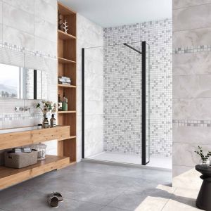 Paroi de douche 100+40x200cm avec barre de fixation 90cm recoupable, AICA paroi de douche à l'italienne avec retour pivotant 40cm en 8mm verre anticalcaire, profilé noir mat