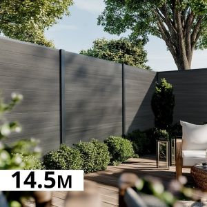 Kit Cloture Composite CRUZ Ardoise 14,5x1,8m - Bois composite & Aluminium - Poteaux Gris - Occultation - Recoupable