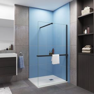 Paroi de douche à l'italienne 120x200cm installé avec une barre de fixation noir 73-120cm extensible,livré avec étagère de douche noir
