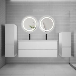 AICA Ensemble meuble double vasque L.120cm 4 tiroirs + lavabo + 2*LED miroirs rond 60cm + 2*colonne,blanc design