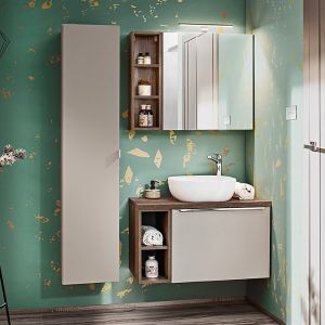 Ensemble meuble simple vasque 80cm 2 niches colonne et armoire murale Éros Taupe