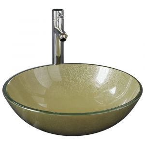 Lavabo de bain avec robinet et drain à poussoir vasque à poser de toilette lave-mains de salle de bain lavabo de salle d'eau diamètre 42 cm verre trempé 02_0002868