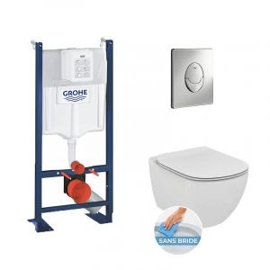 Grohe Pack WC Rapid SL autoportant + WC sans bride AquaBlade + Abattant slim softclose + Plaque chrome + Set isolation phonique