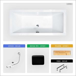Baignoire rectangulaire - 165 x 75 cm - sans Habillage - avec Pieds - Repose-tête - Étagère bambou - Vidage Chrome - QUADRO