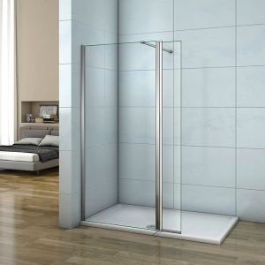 Paroi de douche 120+40x200cm avec barre de fixation 140cm recoupable, verre 8mm clair de sécurité, AICA paroi de douche à l'italienne avec retour pivotant 40cm