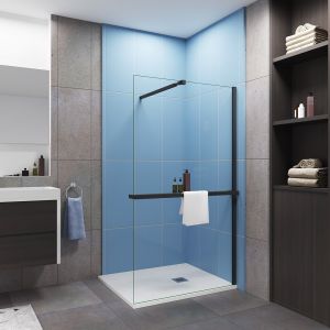 Paroi de douche à l'italienne 100x200cm installé avec une barre de fixation noir 73-120cm extensible,livré avec étagère de douche noir