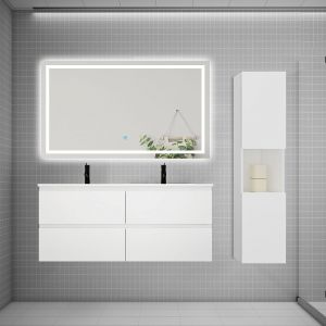 AICA Ensemble meuble 2 vasque L.120cm 4 tiroirs + lavabo + LED miroir + colonne,blanc,design