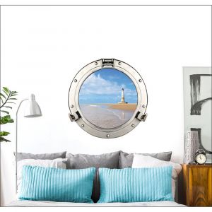 Autocollant 3D Hublot Phare Mer Ciel Bleu 75x60cm - Déco Murale Fenêtre, Idéal pour la Maison et Bureau