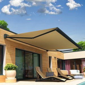 Store banne coffre int&eacute;gral SOA 3,00x2,50 M (Motoris&eacute; Secours &agrave; T&eacute;l&eacute;commande + LED - Gris anthracite structur&eacute; RAL7016ST - &Eacute;cru 250g/m&sup2;)