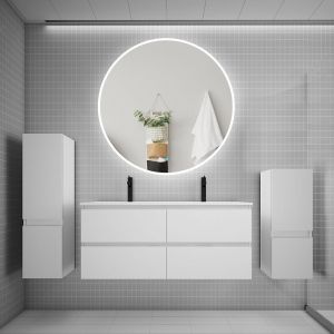 AICA Ensemble meuble double vasque L.120cm 4 tiroirs + lavabo + LED miroir rond 120cm + 2*colonne,blanc