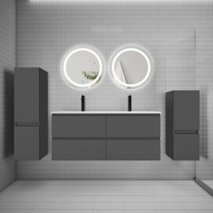 AICA Ensemble meuble double vasque L.120cm 4 tiroirs + lavabo + 2*LED miroirs rond 60cm + 2*colonne,anthracite design