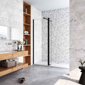 Paroi de douche 70+40x200cm avec barre de fixation 90cm en carr&eacute;, AICA paroi de douche &agrave; l'italienne avec retour pivotant 40cm en 8mm verre anticalcaire, profil&eacute; noir mat