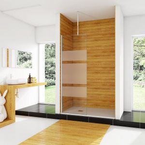 AICA paroi de douche &agrave; l'italienne 80x190cm en 6mm verre avec bandes horizontales s&eacute;rigraphi&eacute;es, livr&eacute; avec barre de fixation au plafond 90-150cm