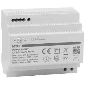 LETTEL - Alimentation 230Vca/24Vcc, puissance 150W. Fixation rail-din, largeur 6 modules. - AMP6-150-24