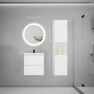 AICA SANITAIRE Ensemble meuble vasque L.50cm 2 tiroirs + lavabo + LED miroir rond 60cm + colonne,blanc,design