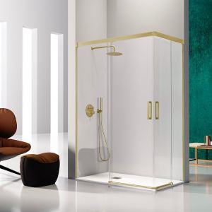Paroi de douche accès en angle 2 verres fixes + 2 portes coulissantes GLASÉ or brossé   140 x 80 cm