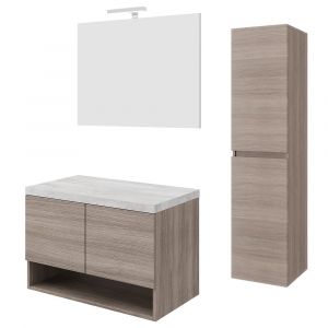 Ensemble Meuble Sous Vasque 80cm +miroir +colonne Chêne Fumé + Plan Gris Béton Oslo