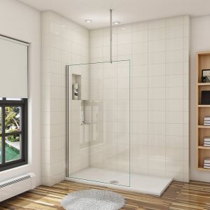 Paroi de douche 100x200cm avec barre de fixation au plafond 90-150cm, profil&eacute; en chrom&eacute;, AICA paroi de douche &agrave; l'italienne en 8mm verre anticalcaire et securit