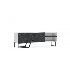 Meuble TV Denasse 150 cm, pied en métal, placards et étagères (Effet marbre noir et Blanc)