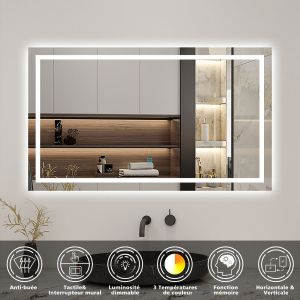 LED miroir lumineux 3 couleurs tactile + anti-buée + dimmable + mémoire 120x70cm miroir salle de bain