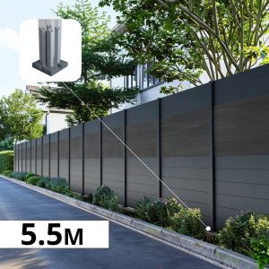 Kit Clôture Aluminium BAHIA & CRUZ Ardoise 5,5x1,8m - Aluminium et bois composite - Poteaux sur Platines gris - Brise vue - Palissade