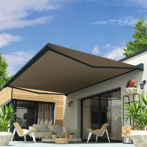 Store banne coffre int&eacute;gral CELESTE 3,00x2,50 M (Motoris&eacute; Secours &agrave; T&eacute;l&eacute;commande + LED - Gris anthracite structur&eacute; RAL7016ST - Taupe 250g/m&sup2;)
