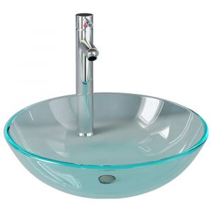 Lavabo de bain avec robinet et drain à poussoir vasque à poser de toilette lave-mains de salle de bain lavabo de salle d'eau diamètre 42 cm verre trempé 02_0002848