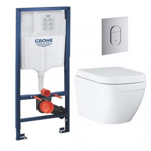 Grohe pack bâti-support Rapid Sl + plaque Arena chrome + cuvette Euro Ceramic Compact + abattant  softclose (euroceramicset2)