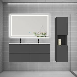 AICA Ensemble meuble 2 vasque L.120cm 4 tiroirs + lavabo + LED miroir + colonne,anthracite,design