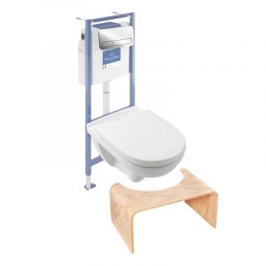 Pack WC sans bride  O novo abattant frein de chute + bâti-support sol et mur + plaque Chromé  + Tabouret bois