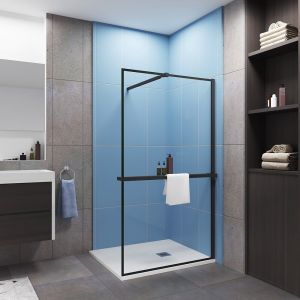 Paroi de douche à l'italienne cadre noir 140x200cm installé avec une barre de fixation noir 73-120cm extensible,livré avec étagère de douche noir