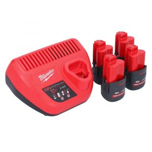Milwaukee M12 HNRG-254 Batterie Starter Set High Output 12 V + 4x HB2.5 Batterie 2,5 Ah ( 4932480164 ) + M12 C12 C Ladegert ( 4932352000 )