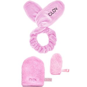 Ensemble bunny together gant d&eacute;maquillant &agrave; l&rsquo;eau avec mitaine correctrice et bandeau &agrave; oreilles de lapin rose                                - GLOV