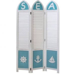Paravent 3 panneaux th&egrave;me marin bleu et blanc 170x120cm PAR06073