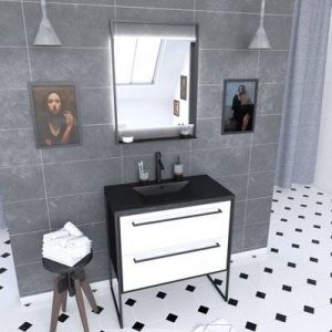 Pack Meuble de salle de bain 80x50 cm - 2 tiroirs - vasque résine noire effet pierre + miroir LED