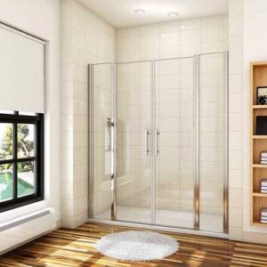 Porte de douche battante Hauteur 187cm largeur réglable 129 à 134.4cm, avec 2 éléments fixes, 6mm verre securit anticalcaire