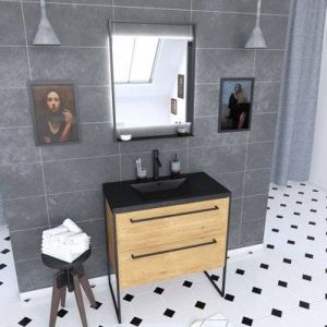 Meuble de salle de bain 80x50cm - 2 tiroirs chêne brun- vasque résine noire effet pierre - miroir