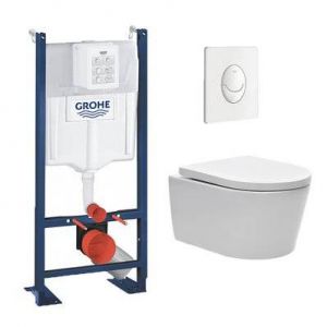 Grohe Pack WC Rapid SL autoportant + cuvette sans bride SAT, fixations cach&eacute;es + plaque Skate Air blanche (ProjectSATrimless-3)