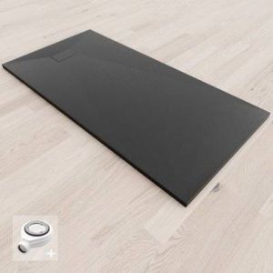 BAYA Receveur de douche extra-plat aspect pierre Noir 90 x 160 cm + bonde
