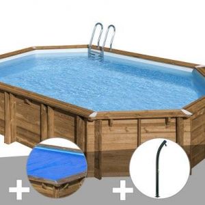 Kit piscine bois Gr&eacute; Avocado 6,56 x 4,56 x 1,31 m + B&acirc;che &agrave; bulles + Douche