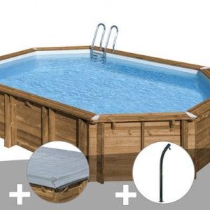 Kit piscine bois Gr&eacute; Avocado 6,56 x 4,56 x 1,31 m + B&acirc;che hiver + Douche