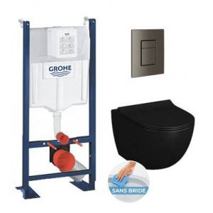 Grohe Pack WC Vitra Black Sento sans bride + ensemble Rapid SL autoportant NF + plaque Hard Graphite (ProjectBlackSento-1/BP)