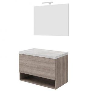 OSLO Meuble 2 portes pour vasque à poser Chêne fumé & plan gris béton largeur 80 cm + miroir