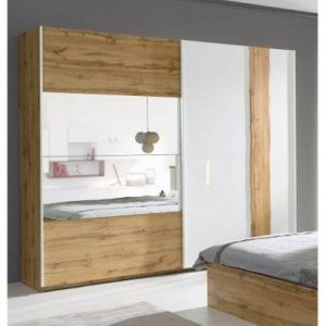 Armoire, garde robe WOOD deux portes coulissantes 250 cm. Coloris ch&ecirc;ne et blanc brillant. Meuble pour chambre &agrave; coucher
