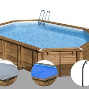 Kit piscine bois Gr&eacute; Avocado 6,56 x 4,56 x 1,31 m + B&acirc;che hiver + B&acirc;che &agrave; bulles + Douche