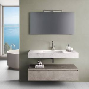 Ensemble suspendu simple vasque YOKA 120 cm - 1 tiroir + miroir + applique LED - effet marbre et havane